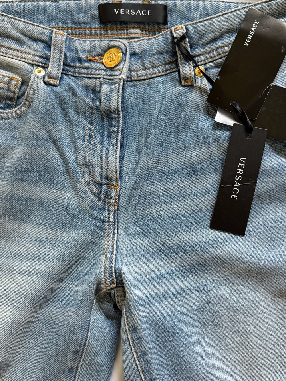 Versace Light Blue High-Rise Women's Jeans with Branded Hardware